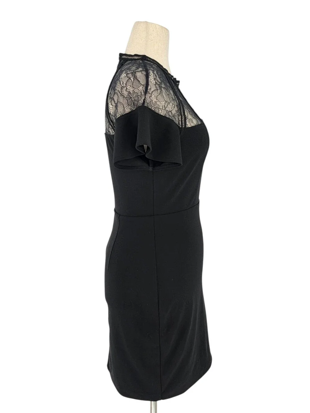 Express Black Lace Illusion Sheath Cocktail Dress Flutter Sleeve Medium M